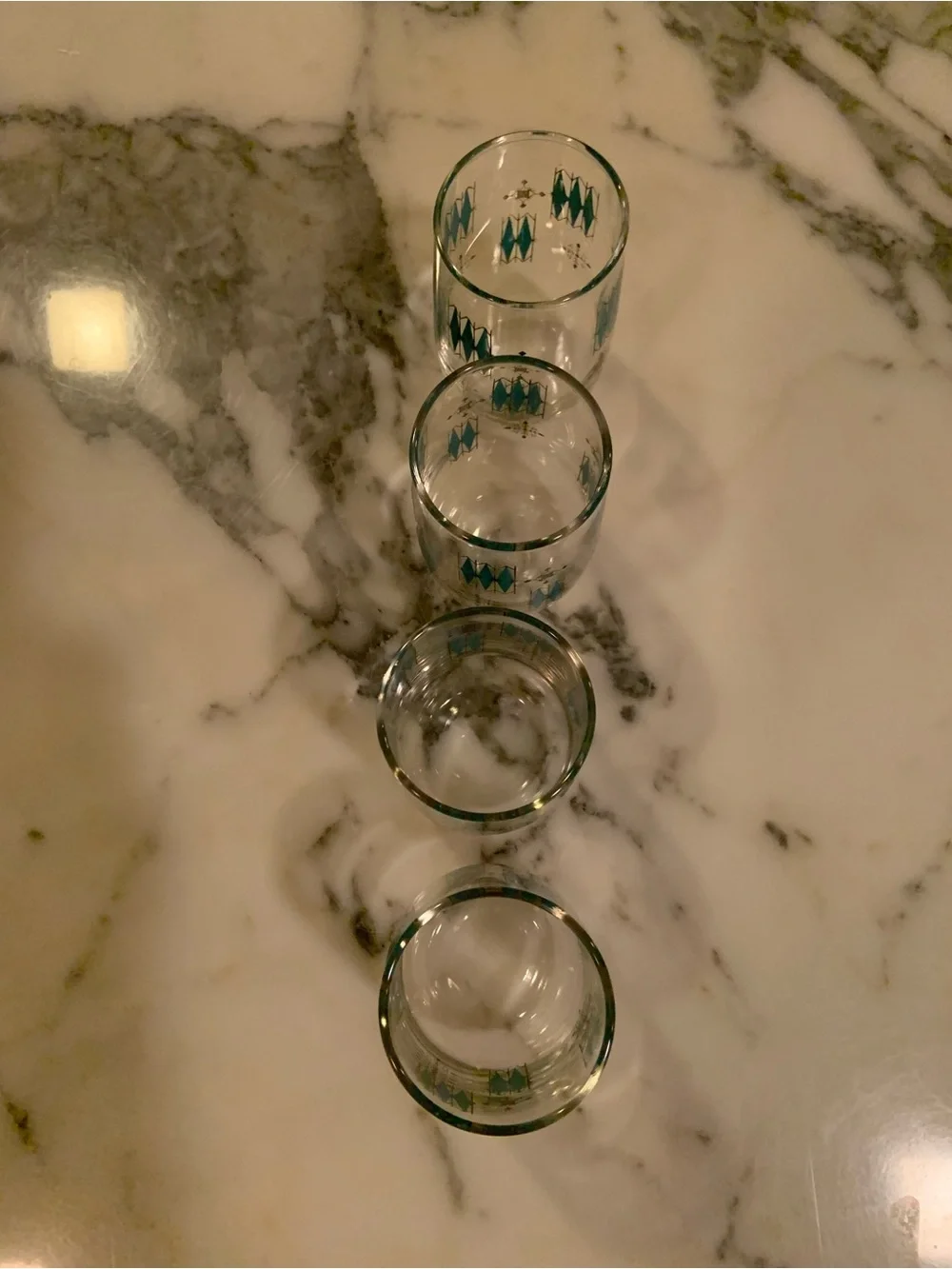 Vintage Mid-Century Modern Atomic Teal & Black Geometric Juice Glasses Set Of 4